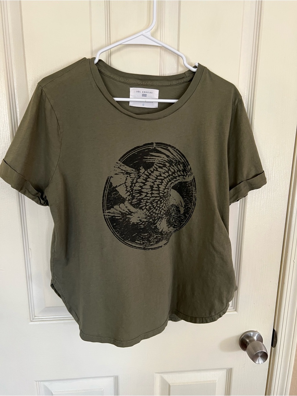 Anthropologie Sol Angeles Eagle Graphic Tee Olive Green Cotton Rolled Sleeve L - Picture 6 of 9